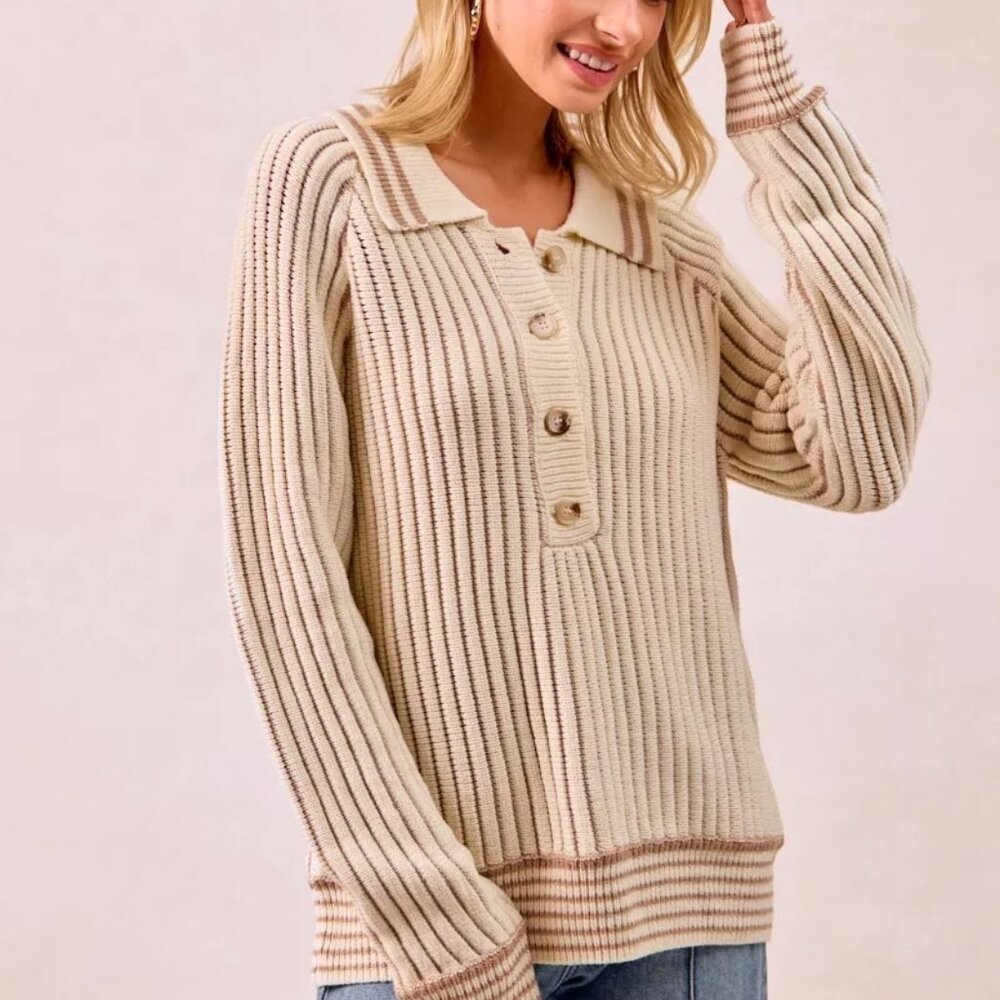 BiBi‎ Half Button Ribbed Two Tone Sweater - Picture 14 of 16